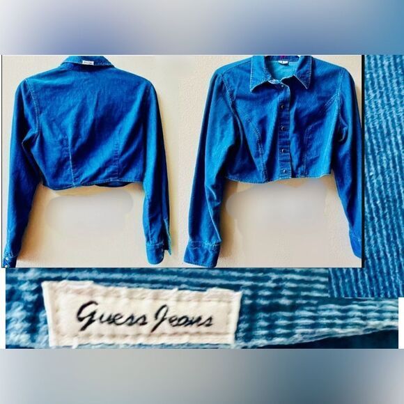 VINTAGE GUESS JEANS BLUE CORDUROY CROPPED SHACKET SIZE L - Picture 1 of 10